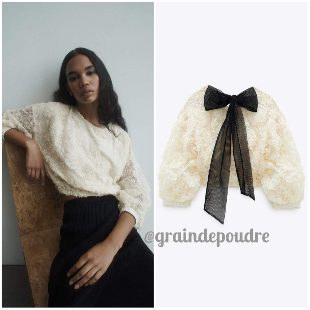 Rare! Zara Ballet Ivory Floral Lace Black Back Toe Bow Cropped Sweatshirt M